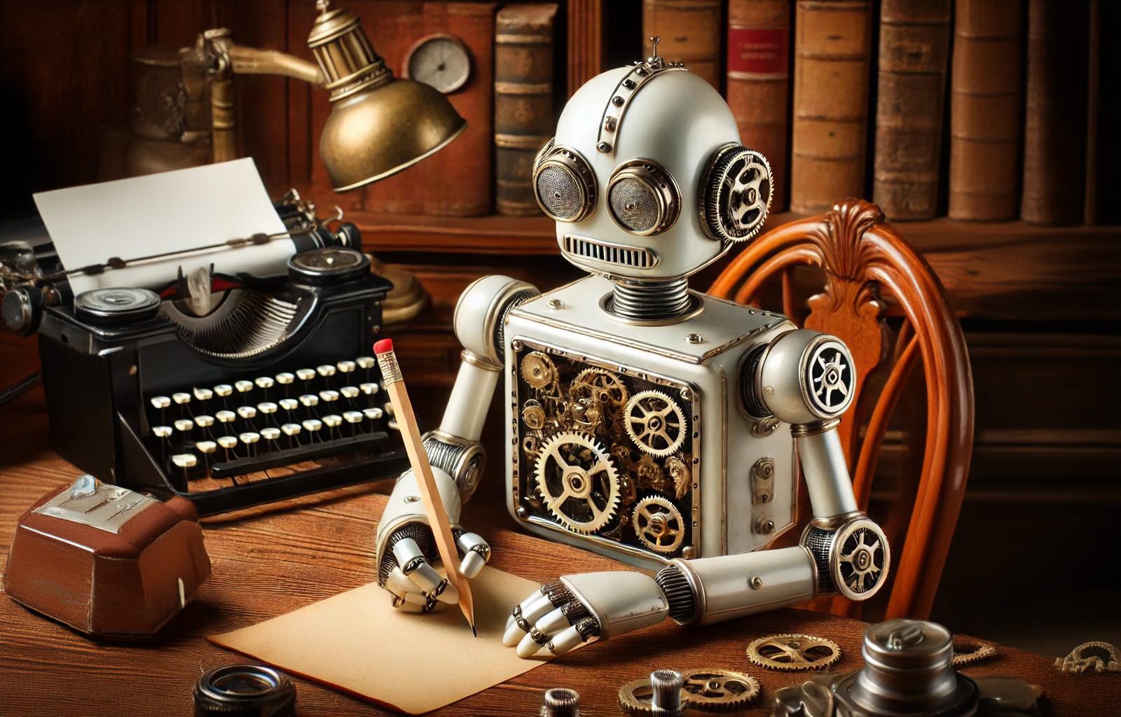 old timey robot writing